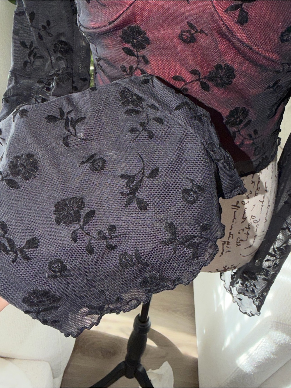 Sheer Black Floral Mesh Wrap Top with Burgundy Lining - Picture 5 of 9